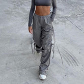 Street Drawstring Ripped Overalls Trend Casual Loose Fitting Wide Leg Trousers
